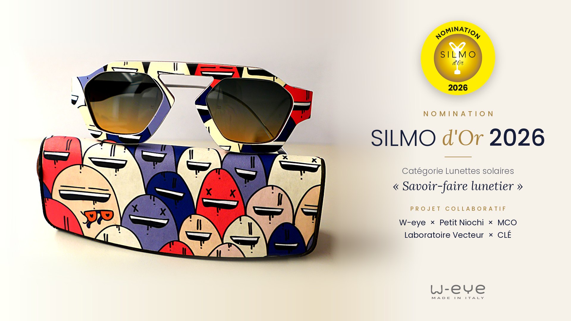 Lunettes solaires Kingfisher, W-eye × Petit Niochi, sur leur étui illustré